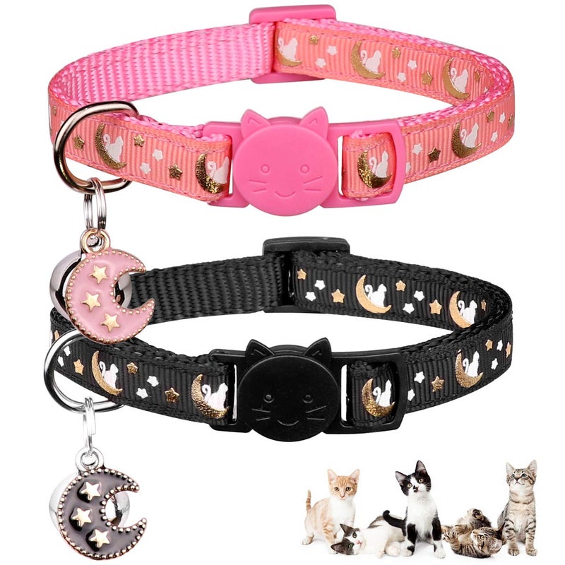 Baeuppit 2Pcs Breakaway Cats Collars Cat Collars for Boy & Girl Cats Moons Adjustable Kitten Collars with Bell & Pendant Glow in The Dark,Black+Pink - Image 1
